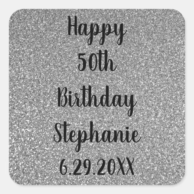 Glittery Silver Grey Custom Happy Birthday Name Square Sticker Zazzle