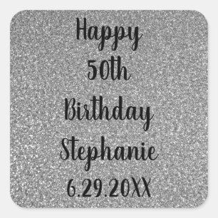 Glittery Silver Grey Custom Happy Birthday Name Square Sticker