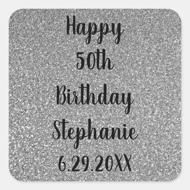 Glittery Silver Grey Custom Happy Birthday Name Square Sticker (Front)