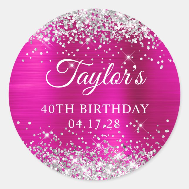 Glittery Silver Hot Pink Foil 40th Birthday Classic Round Sticker (Front)