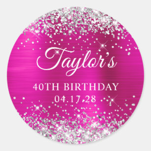 Glittery Silver Hot Pink Foil 40th Birthday Classic Round Sticker