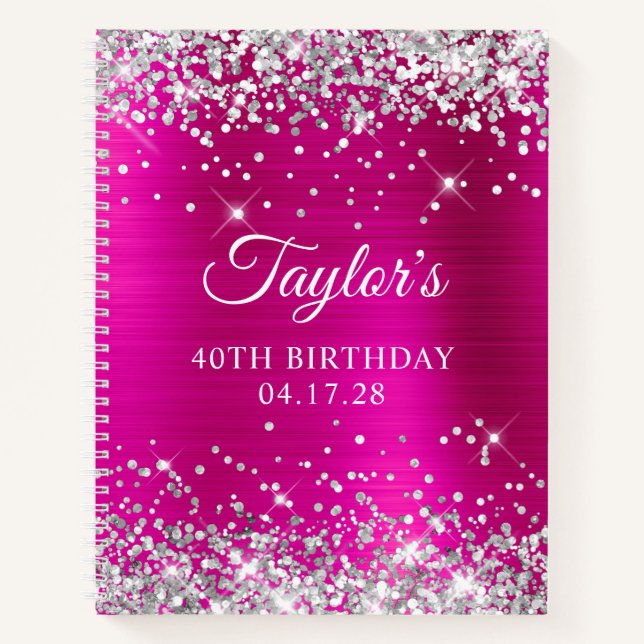 Glittery Silver Hot Pink Foil 40th Birthday Notebook (Front)