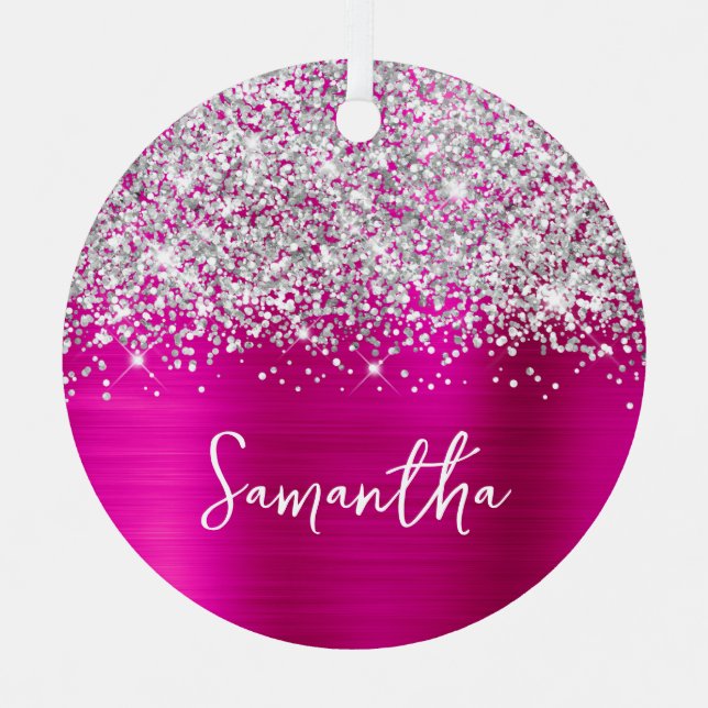 Glittery Silver Hot Pink Glam Name Metal Ornament (Front)