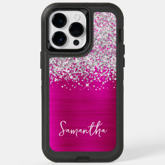 Glittery Silver Hot Pink Glam Name OtterBox iPhone 14 Pro Max Case