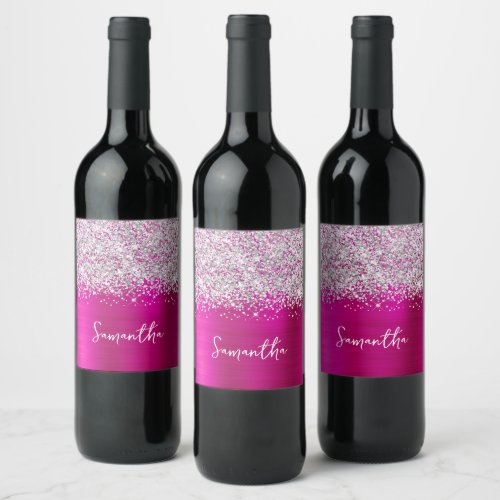 Glittery Silver Hot Pink Glam Script Name Wine Label