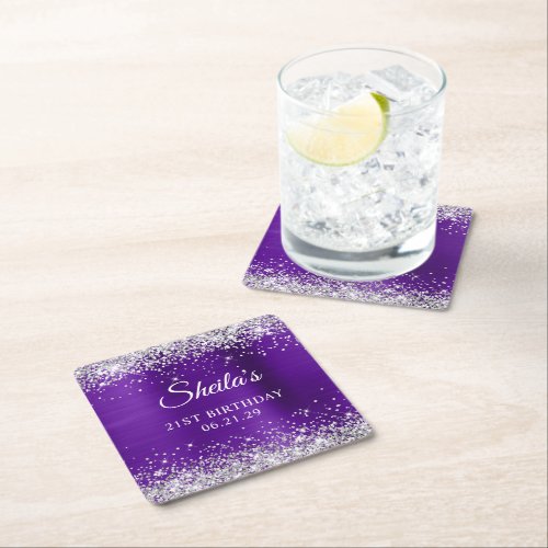 Glittery Silver Indigo Purple Foil 21st Birthday Square Paper Coaster