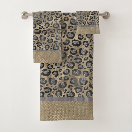 Glittery Silver Leopard  Print on Glossy Gold Bath Towel Set
