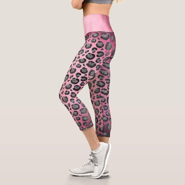 Glittery Silver Leopard Print on Hot Pink   Capri Leggings (Left)