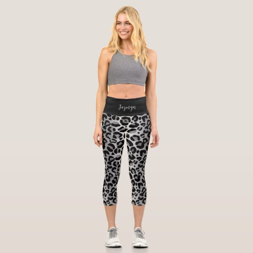 Glittery Silver Leopard Safari Personalized Capri Leggings