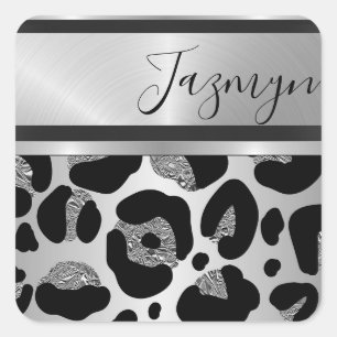Glittery Silver Leopard Safari Print Personalized  Square Sticker
