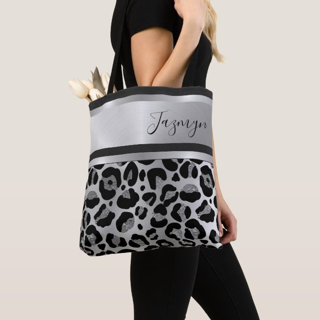 Glittery Silver Leopard Safari Print Personalized Tote Bag (Close Up)