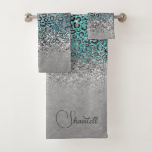 Glittery Silver Leopard Turquoise Personalized  Bath Towel Set