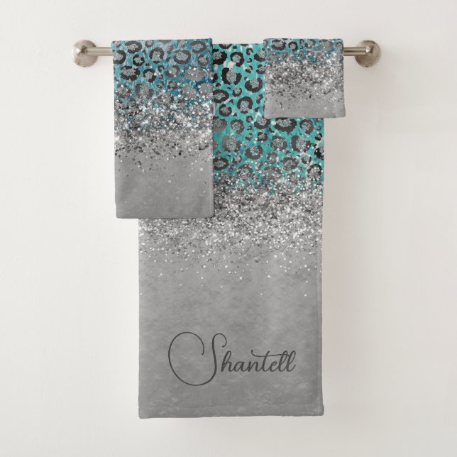  Glittery Silver Leopard Turquoise Personalized  Bath Towel Set (Insitu)