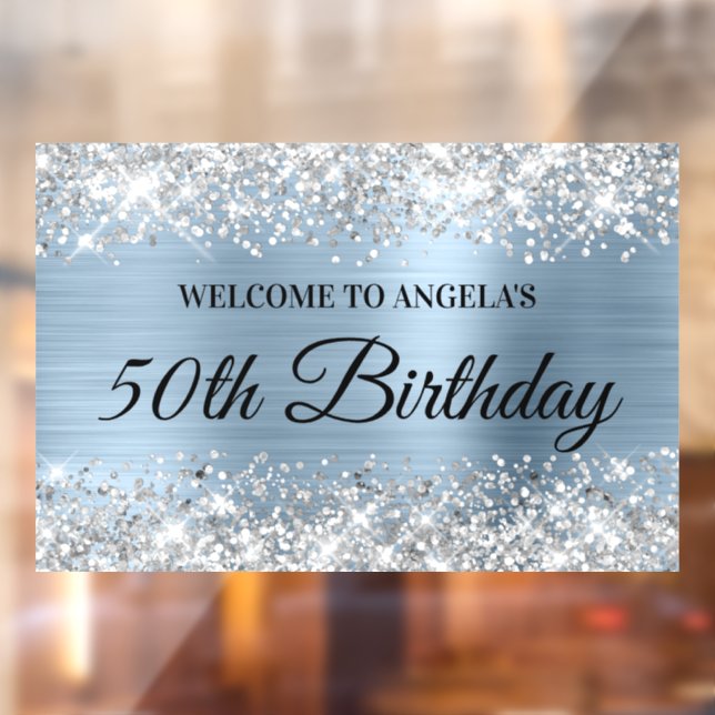 Glittery Silver Light Blue 50th Birthday Welcome Window Cling (Sheet 2)