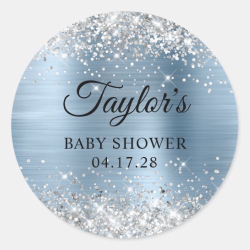 Glittery Silver Light Blue Foil Baby Shower Classic Round Sticker