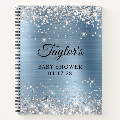 Glittery Silver Light Blue Foil Baby Shower Notebook