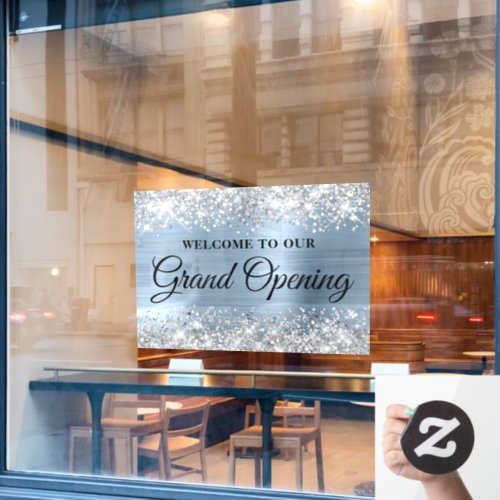 Glittery Silver Light Blue Grand Opening Welcome Window Cling