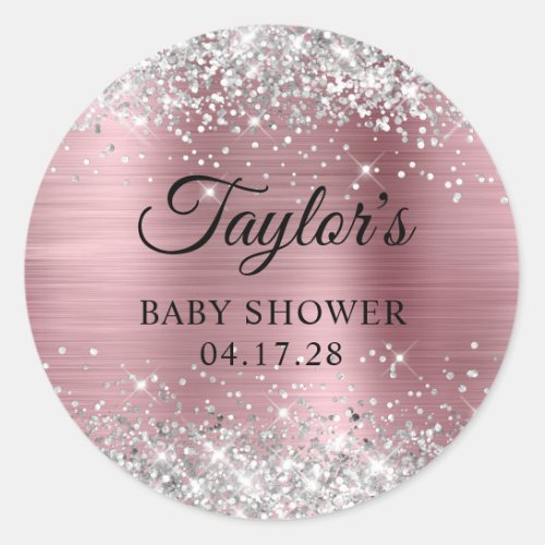 Glittery Silver Light Pink Foil Baby Shower Classic Round Sticker