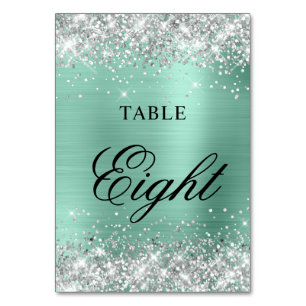 Glittery Silver Light Teal Foil Fancy Calligraphy Table Number