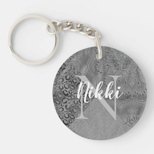 Glittery Silver Lotus Leopard Monogram           Keychain