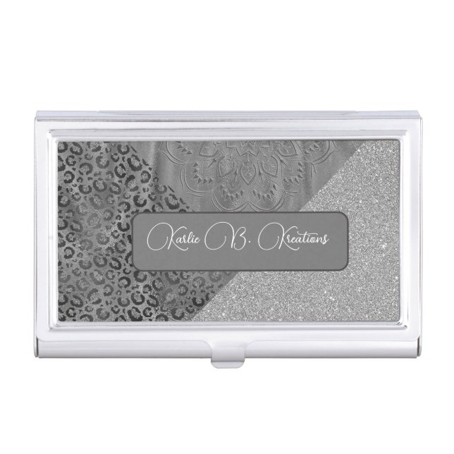 Glittery Silver Lotus Mandala Leopard  Business Card Case (Front)
