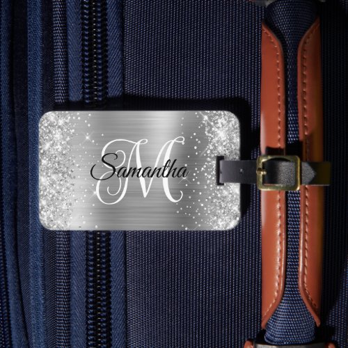 Glittery Silver Metallic Foil Curly Monogram Luggage Tag