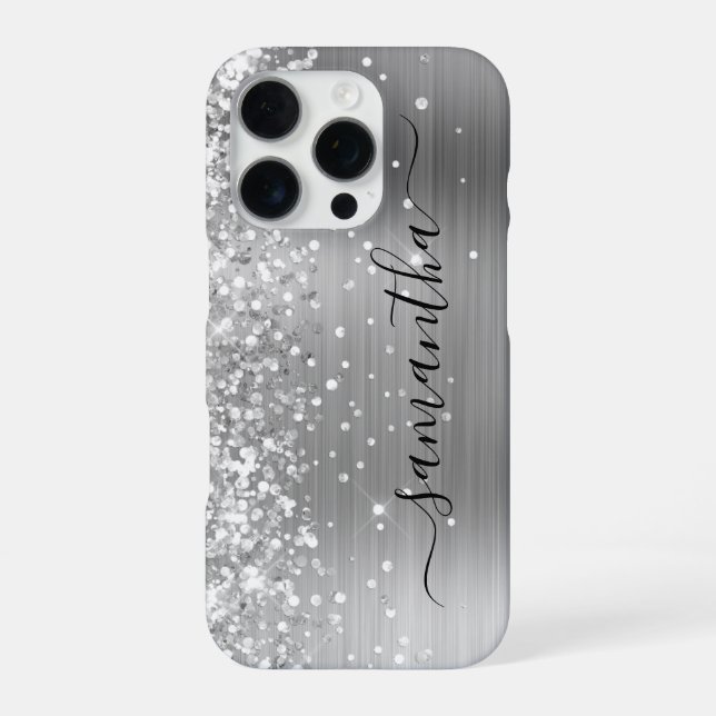 Glittery Silver Metallic Girly Signature iPhone Case (Back)