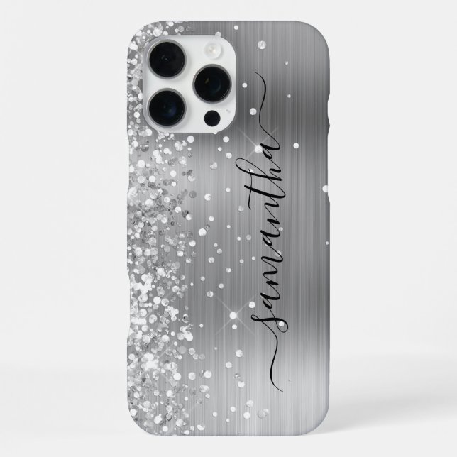 Glittery Silver Metallic Girly Signature iPhone Case (Back)