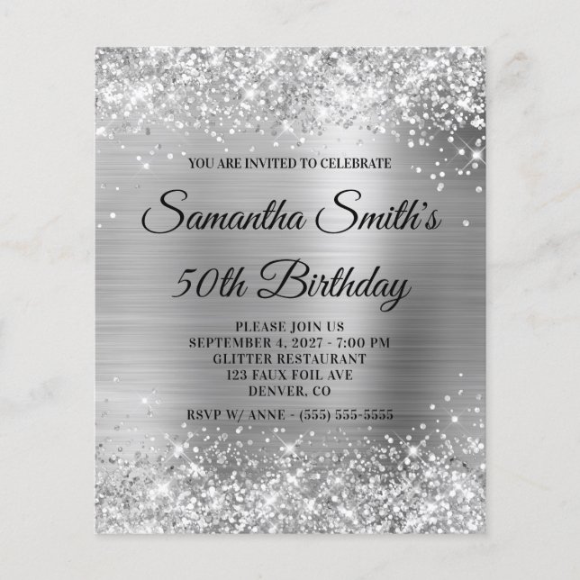 Glittery Silver Monogram 50th Birthday Invite Flyer (Front)