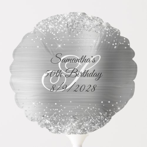 Glittery Silver Monogram 50th Birthday Photo Balloon