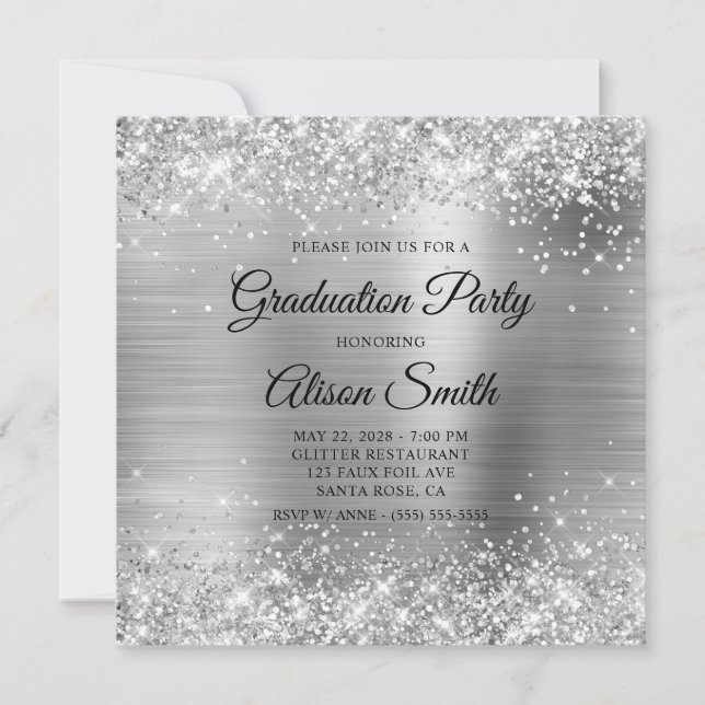 Glittery Silver Monogram Graduation Party Invitation (Front)