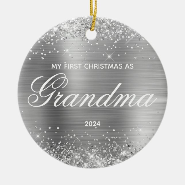 Glittery Silver My First Christmas as Grandma Ceramic Ornament (Front)