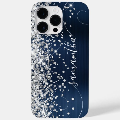 Glittery Silver Navy Blue Glam Curly Signature Case_Mate iPhone 14 Pro Max Case