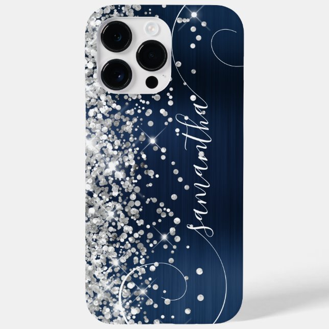 Glittery Silver Navy Blue Glam Curly Signature Case-Mate iPhone Case (Back)