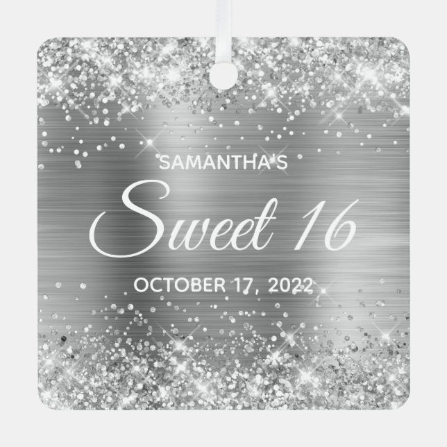 Glittery Silver Ombre Foil Sweet 16 Metal Ornament (Front)