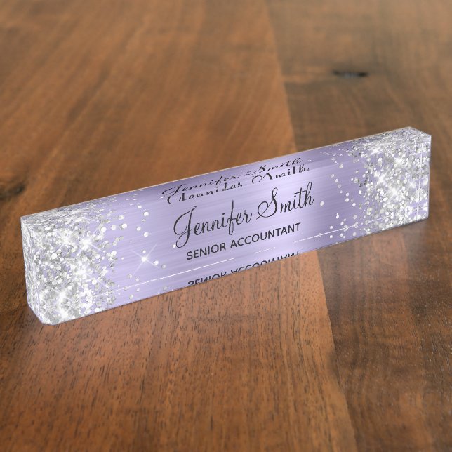 Glittery Silver Pale Lavender Foil Desk Name Plate (Side)