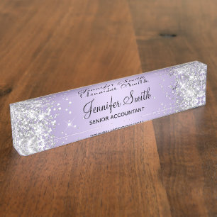 Glittery Silver Pale Lavender Gradient Desk Name Plate