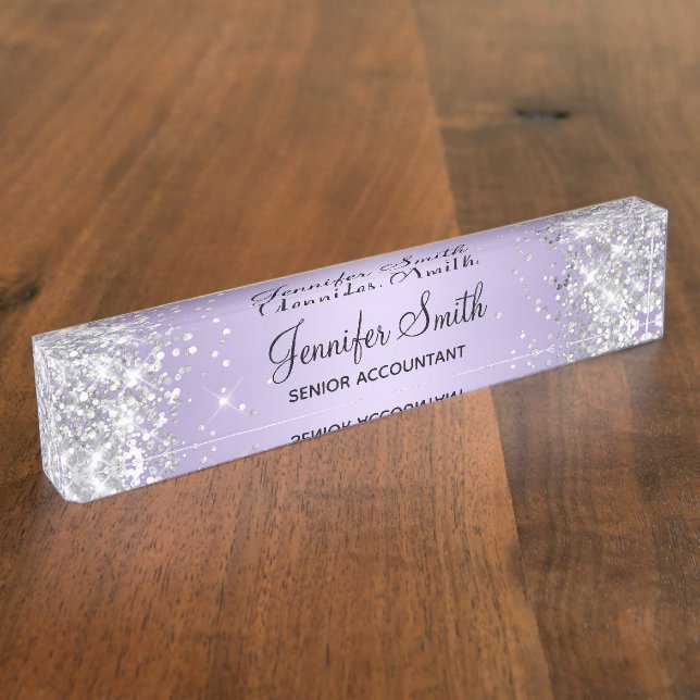 Glittery Silver Pale Lavender Gradient Desk Name Plate (Side)