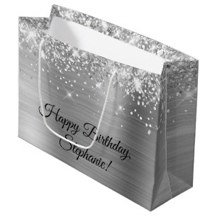 Glittery Silver Personalized Happy Birthday Large Gift Bag