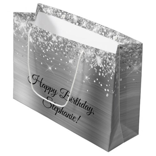 Glittery Silver Personalized Happy Birthday Large Gift Bag