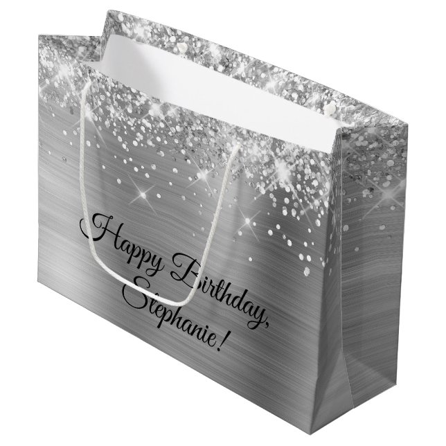 Glittery Silver Personalized Happy Birthday Large Gift Bag (Front Angled)