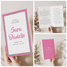 Glittery Silver & Pink Bat Mitzvah Folded Program