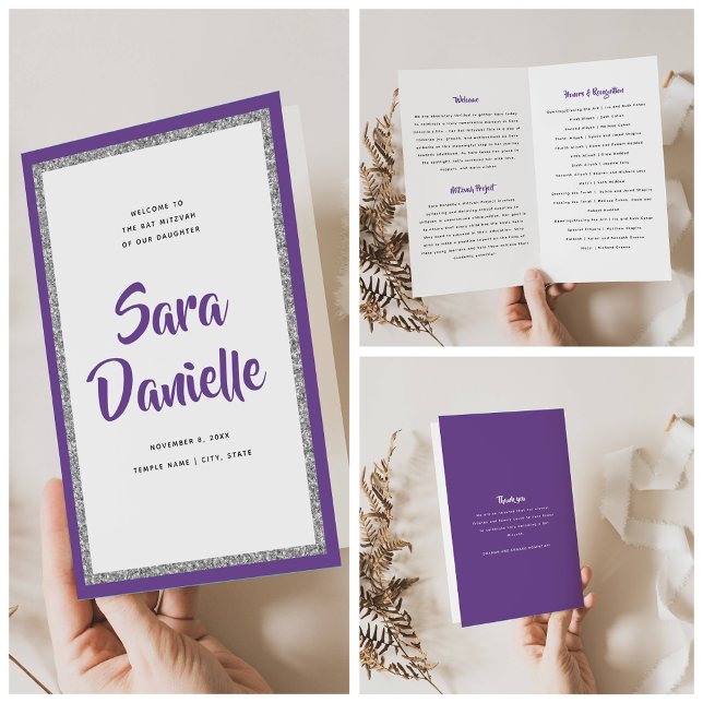 Glittery Silver Purple Bat Mitzvah Folded Program Flyer (Creator Uploaded)