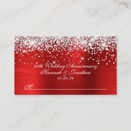 Glittery Silver Red 40th Wedding Anniversary Place Card