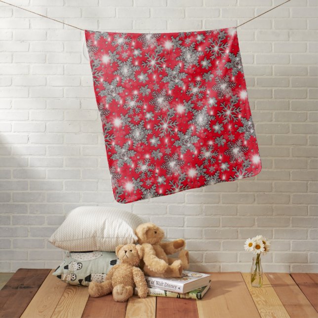 Glittery silver red festive snowflake pattern    baby blanket (In Situ)