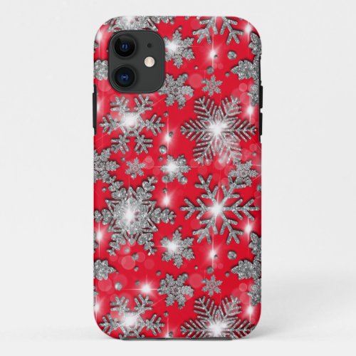 Glittery silver red festive snowflake pattern    iPhone 11 case