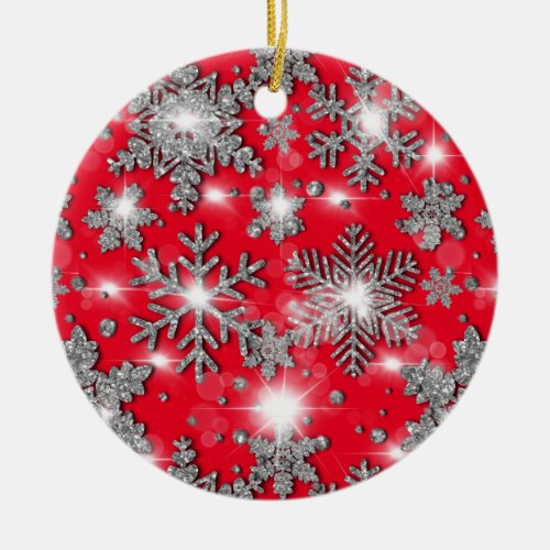 Glittery silver red festive snowflake pattern    ceramic ornament