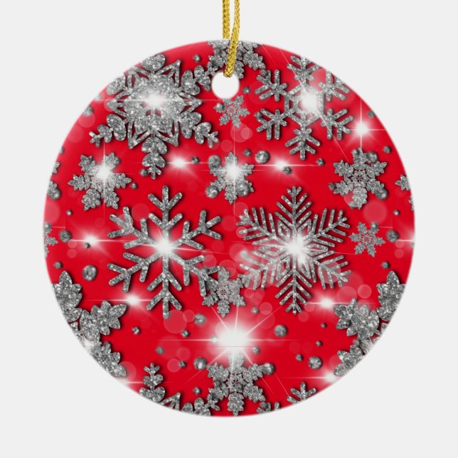 Glittery silver red festive snowflake pattern    ceramic ornament (Front)