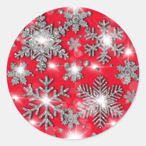 Glittery silver red  festive snowflake pattern    classic round sticker