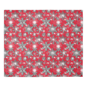 Glittery silver red festive snowflake pattern duvet cover